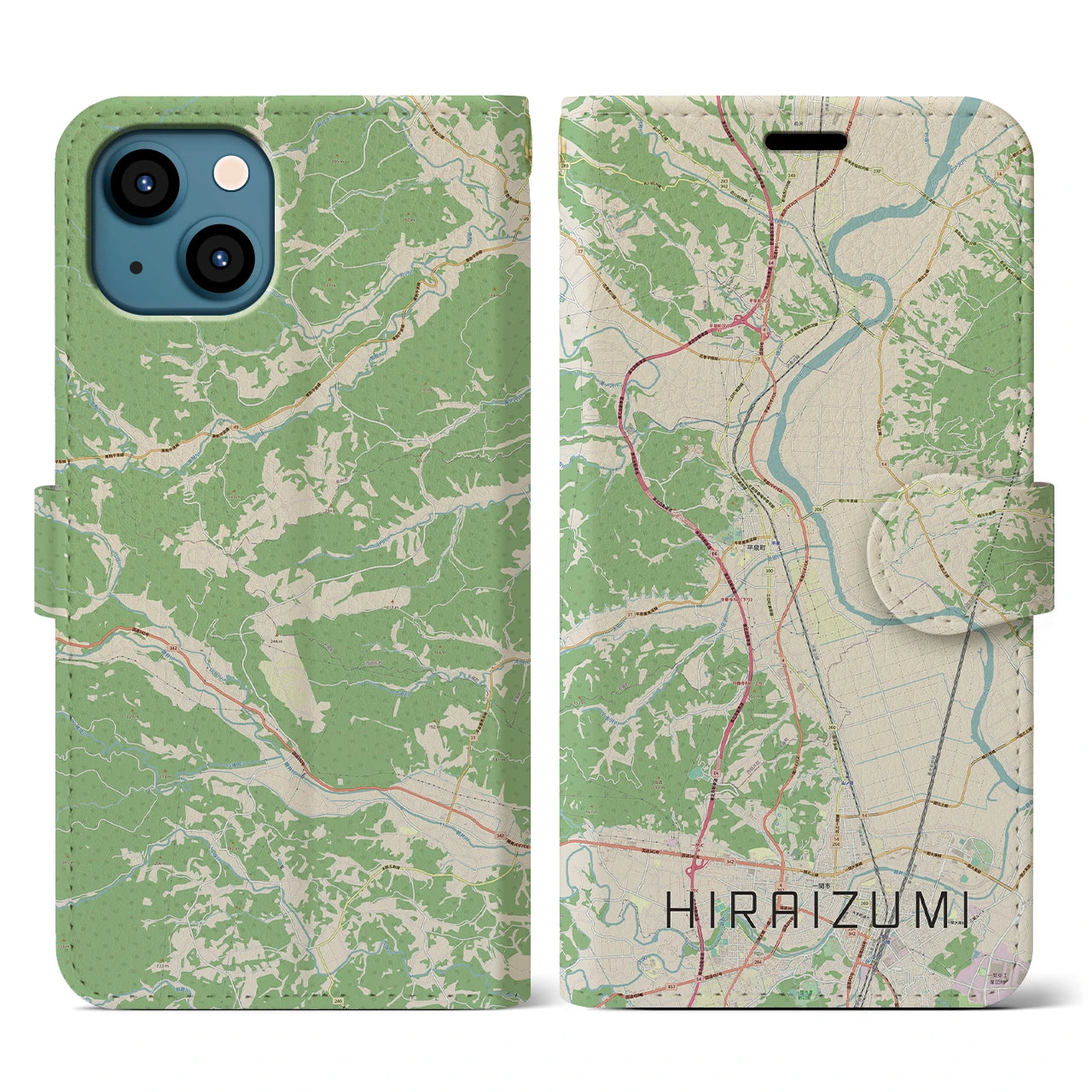 【平泉(岩手県)】地図柄iPhoneケース(手帳タイプ)ナチュラル・iPhone 13 用