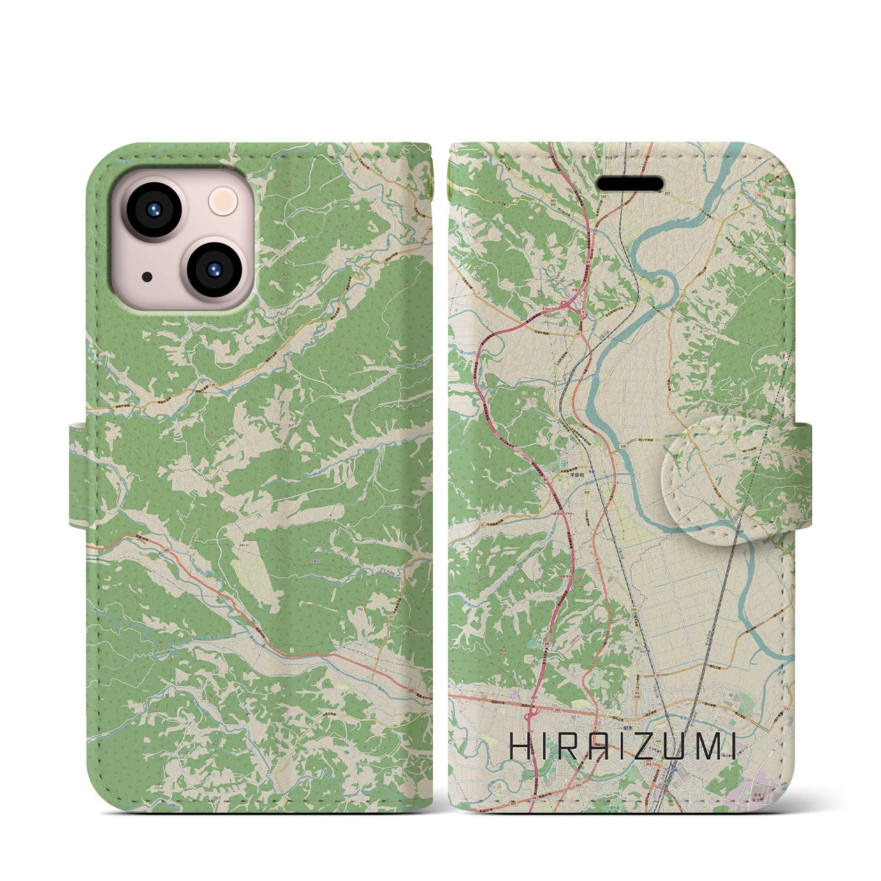 【平泉(岩手県)】地図柄iPhoneケース(手帳タイプ)ナチュラル・iPhone 13 mini 用