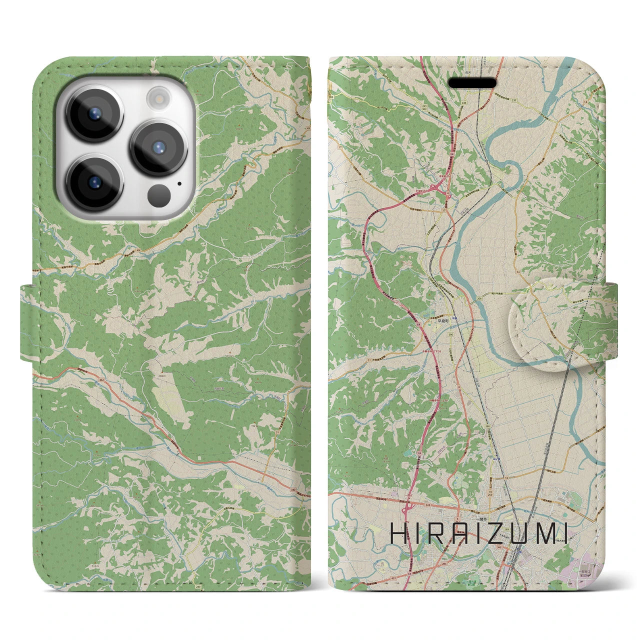 【平泉(岩手県)】地図柄iPhoneケース(手帳タイプ)ナチュラル・iPhone 14 Pro 用