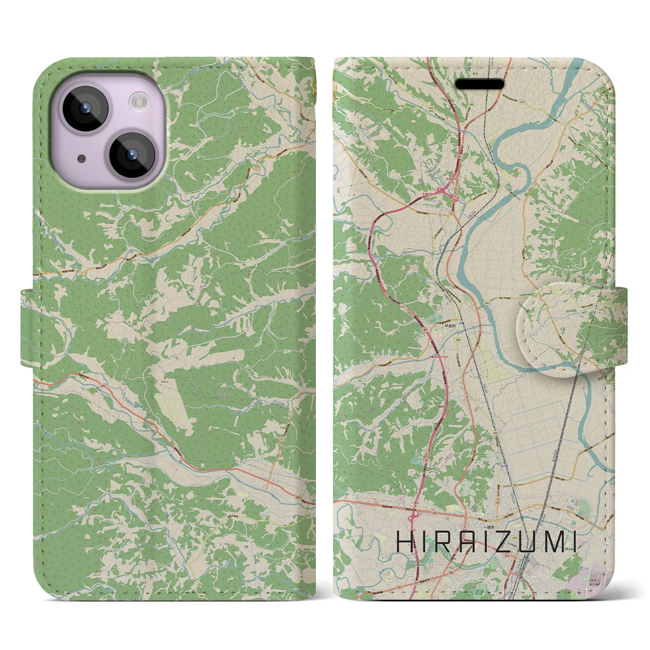 【平泉(岩手県)】地図柄iPhoneケース(手帳タイプ)ナチュラル・iPhone 14 用