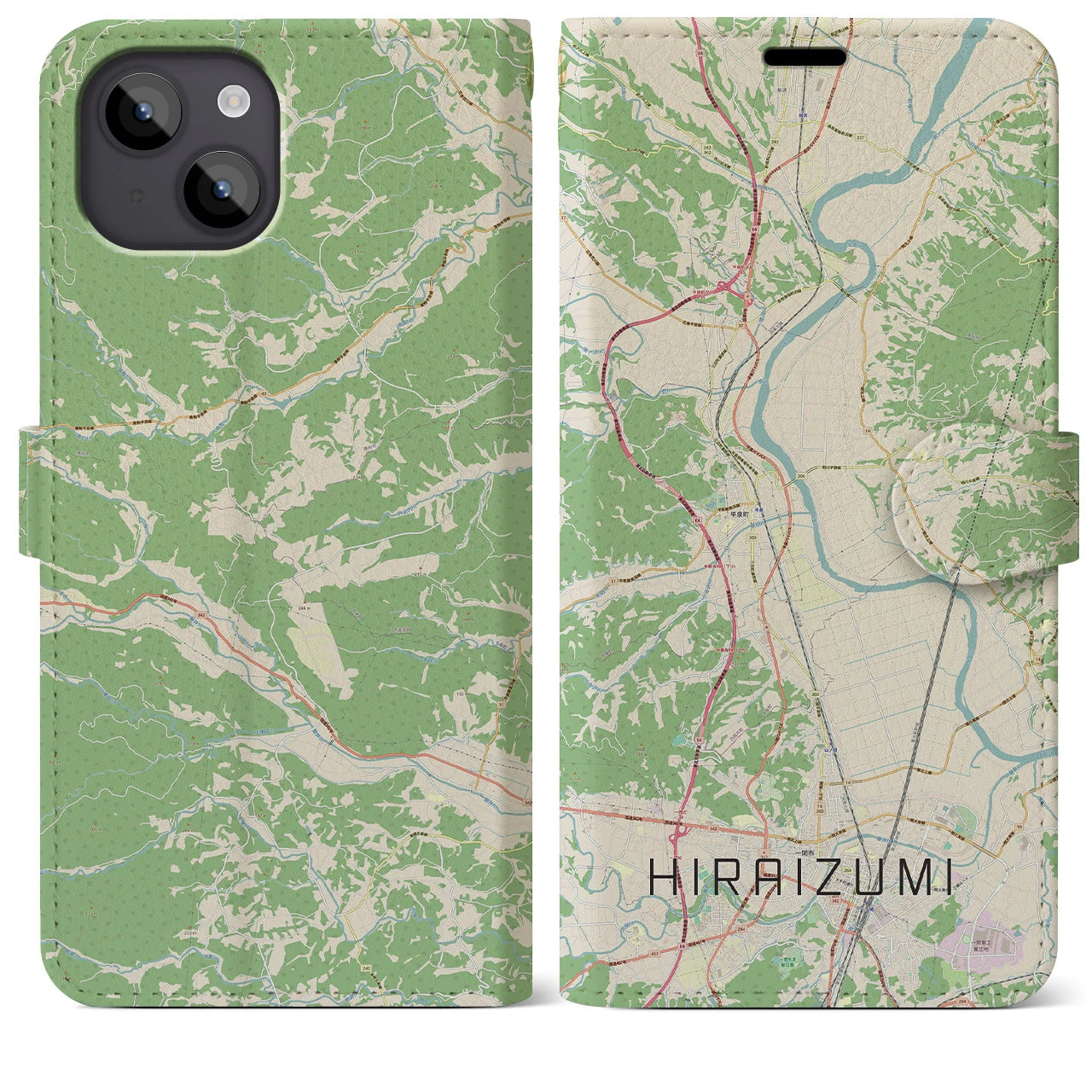 【平泉(岩手県)】地図柄iPhoneケース(手帳タイプ)ナチュラル・iPhone 14 Plus 用
