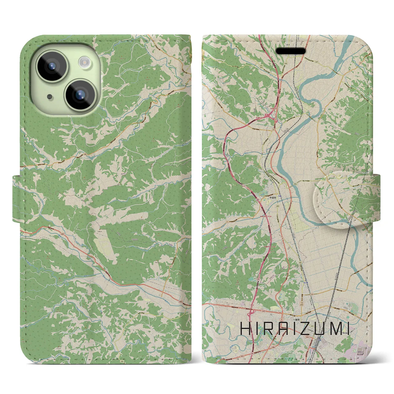 【平泉(岩手県)】地図柄iPhoneケース(手帳タイプ)ナチュラル・iPhone 15 用