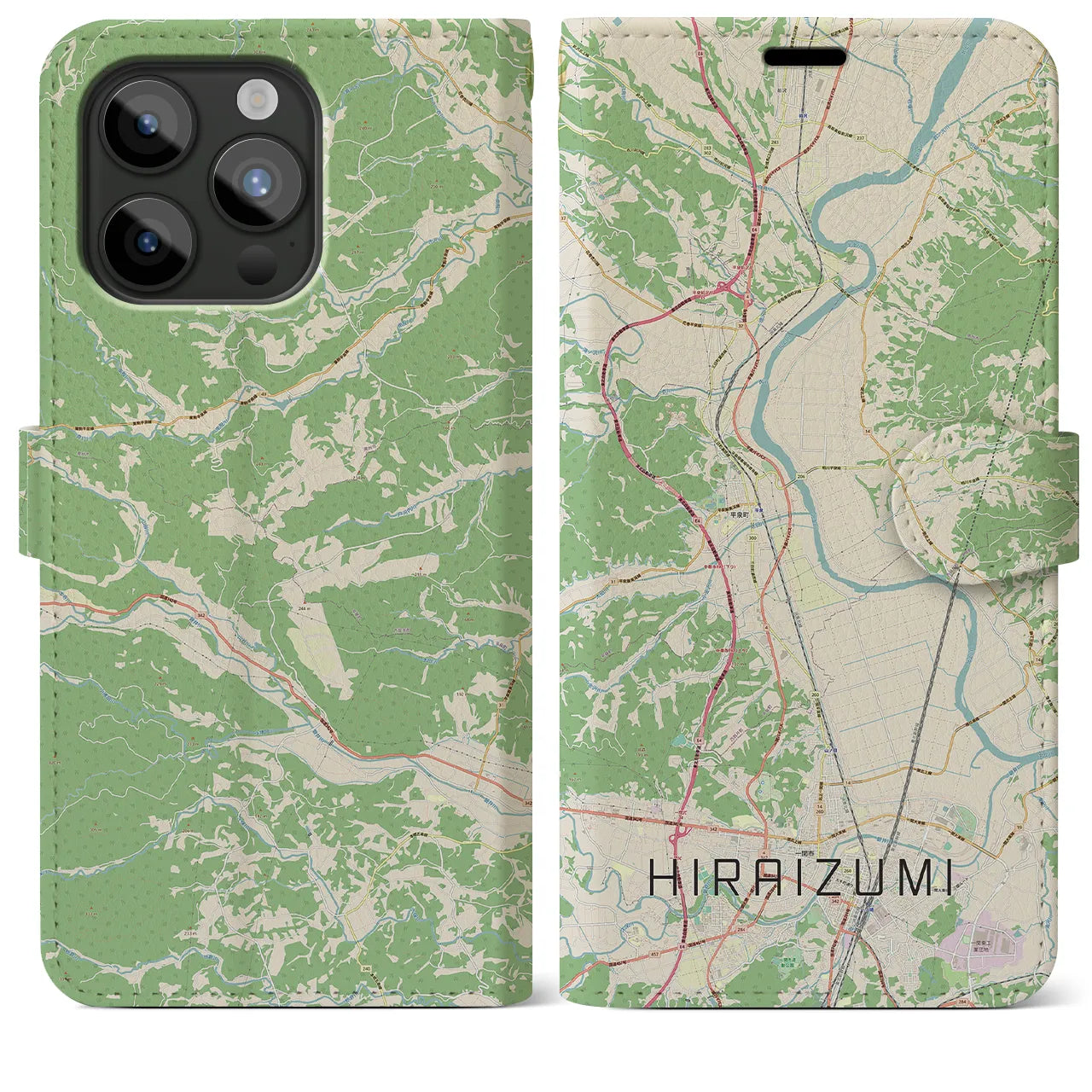 【平泉(岩手県)】地図柄iPhoneケース(手帳タイプ)ナチュラル・iPhone 15 Pro Max 用