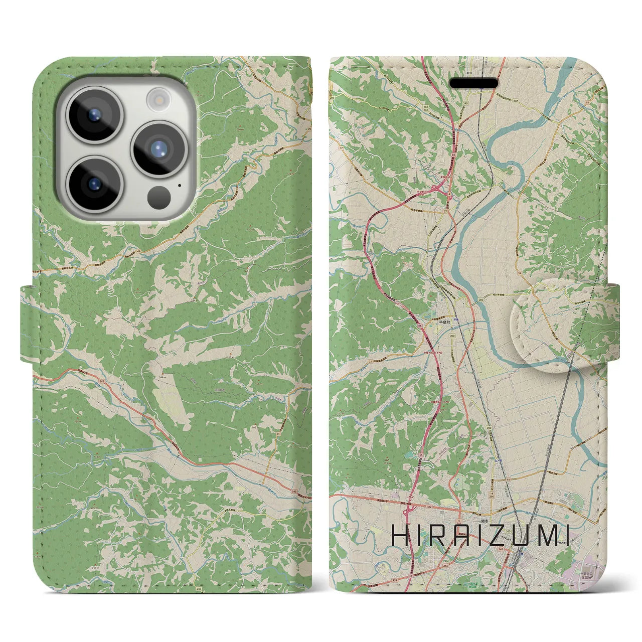 【平泉(岩手県)】地図柄iPhoneケース(手帳タイプ)ナチュラル・iPhone 15 Pro 用