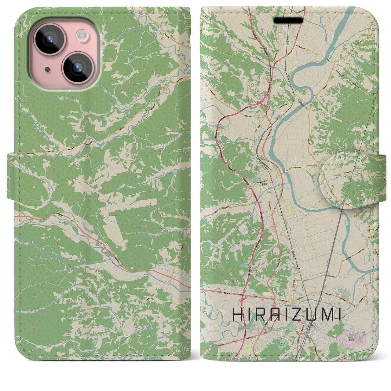 【平泉(岩手県)】地図柄iPhoneケース(手帳タイプ)ナチュラル・iPhone 15 Plus 用