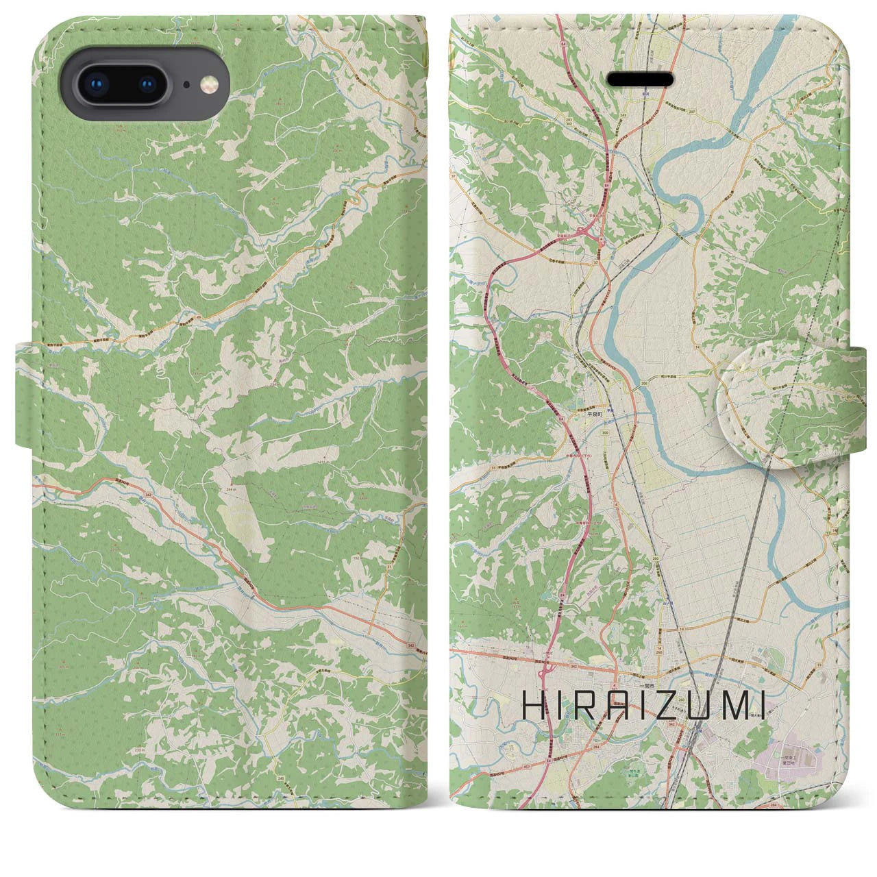 【平泉(岩手県)】地図柄iPhoneケース(手帳タイプ)ナチュラル・iPhone 8Plus /7Plus / 6sPlus / 6Plus 用