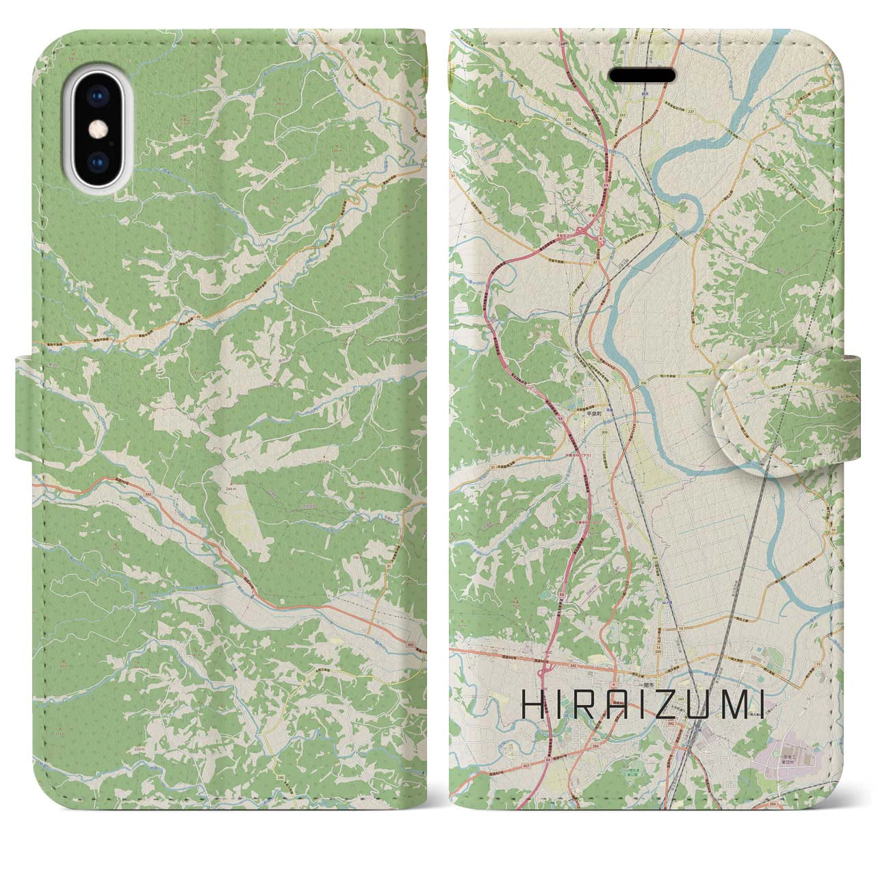 【平泉(岩手県)】地図柄iPhoneケース(手帳タイプ)ナチュラル・iPhone XS Max 用