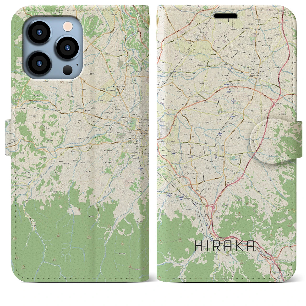 【平賀(青森県)】地図柄iPhoneケース(手帳タイプ)ナチュラル・iPhone 13 Pro Max 用