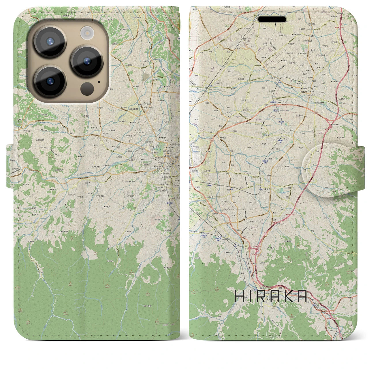 【平賀(青森県)】地図柄iPhoneケース(手帳タイプ)ナチュラル・iPhone 14 Pro Max 用
