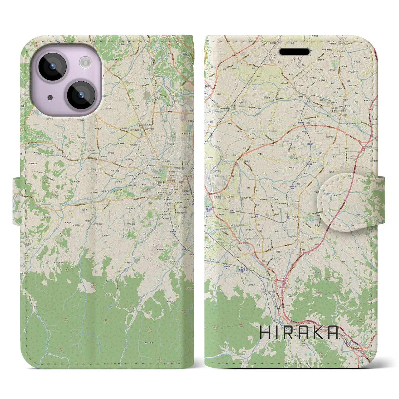 【平賀(青森県)】地図柄iPhoneケース(手帳タイプ)ナチュラル・iPhone 14 用