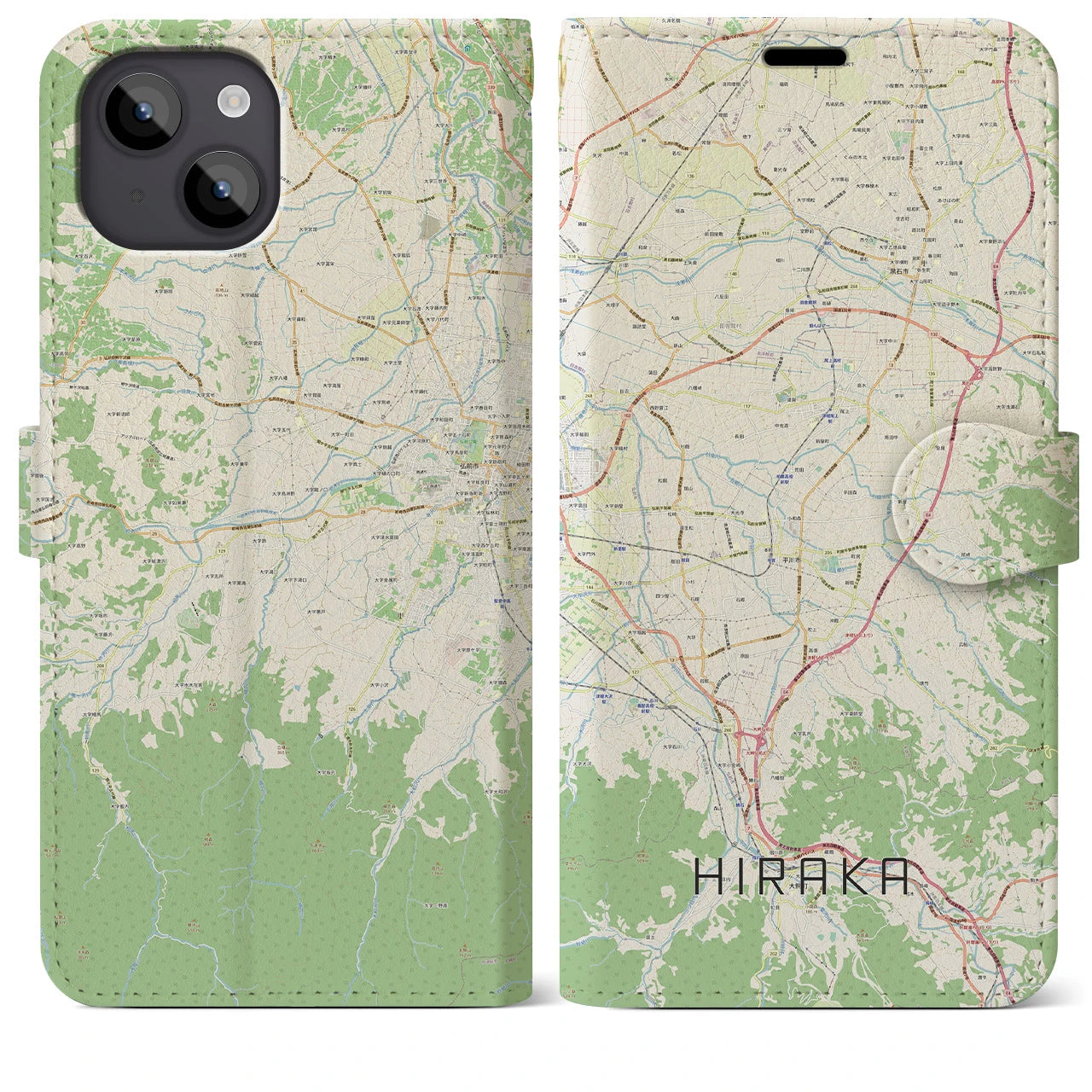 【平賀(青森県)】地図柄iPhoneケース(手帳タイプ)ナチュラル・iPhone 14 Plus 用