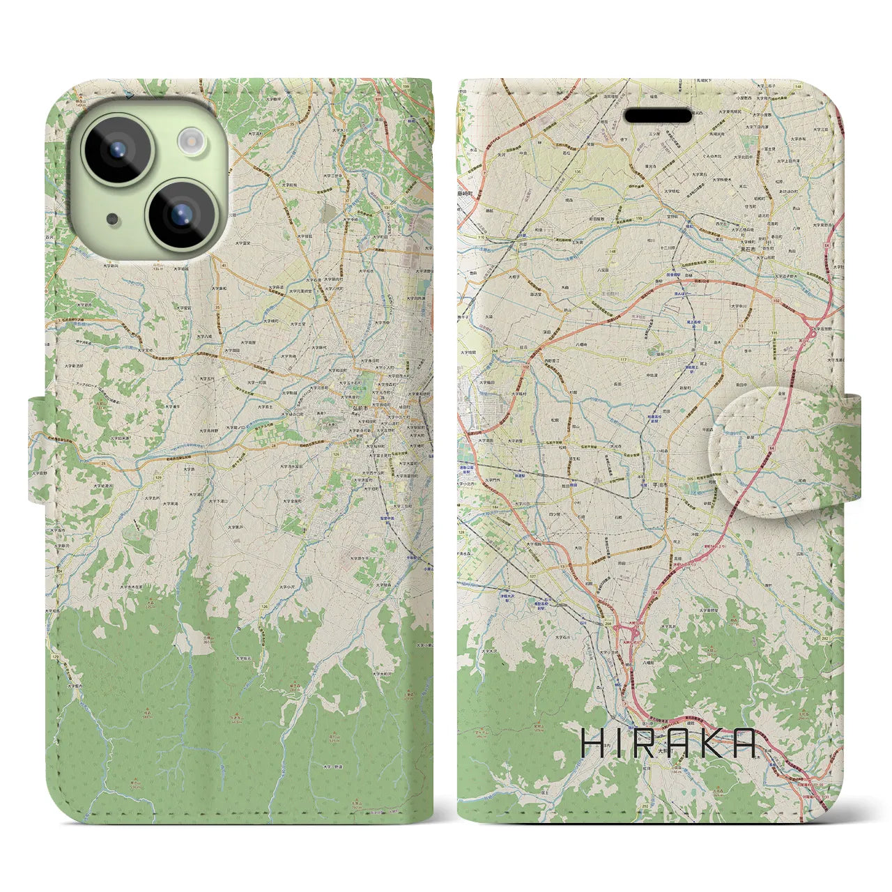 【平賀(青森県)】地図柄iPhoneケース(手帳タイプ)ナチュラル・iPhone 15 用