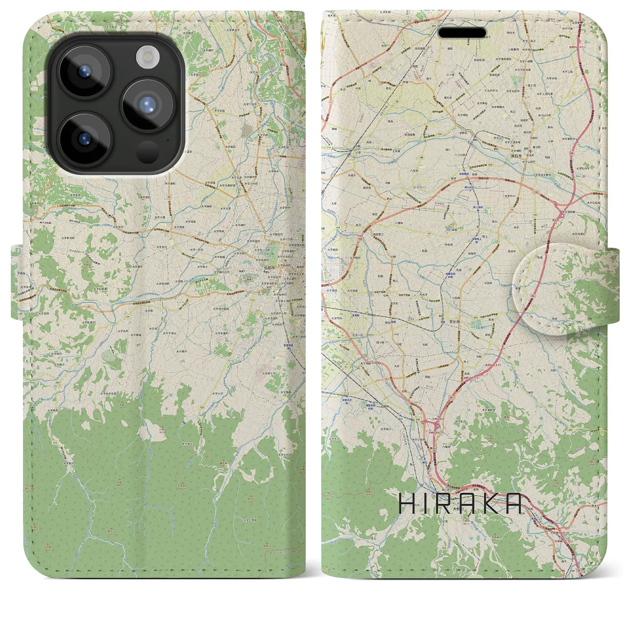 【平賀(青森県)】地図柄iPhoneケース(手帳タイプ)ナチュラル・iPhone 15 Pro Max 用