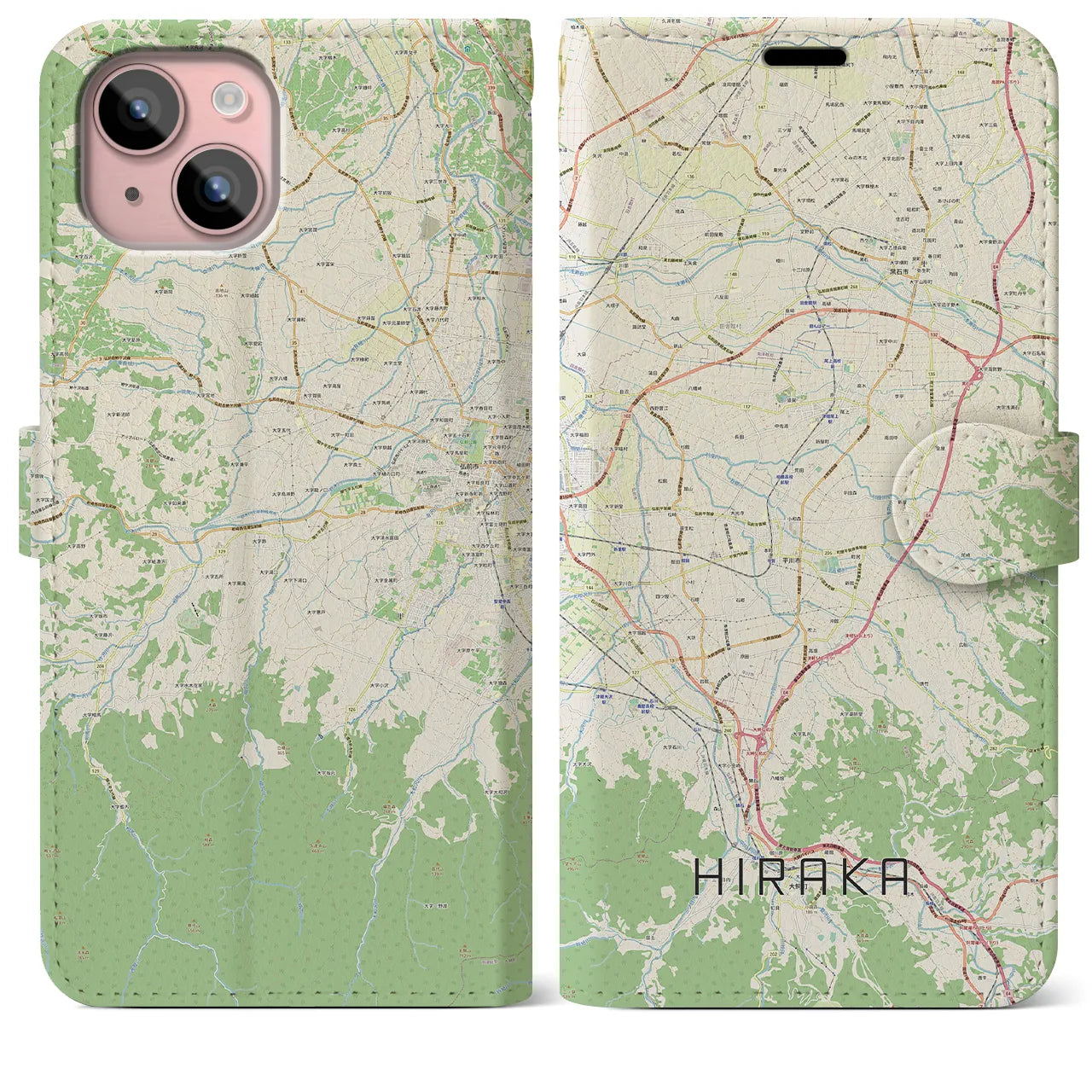 【平賀(青森県)】地図柄iPhoneケース(手帳タイプ)ナチュラル・iPhone 15 Plus 用