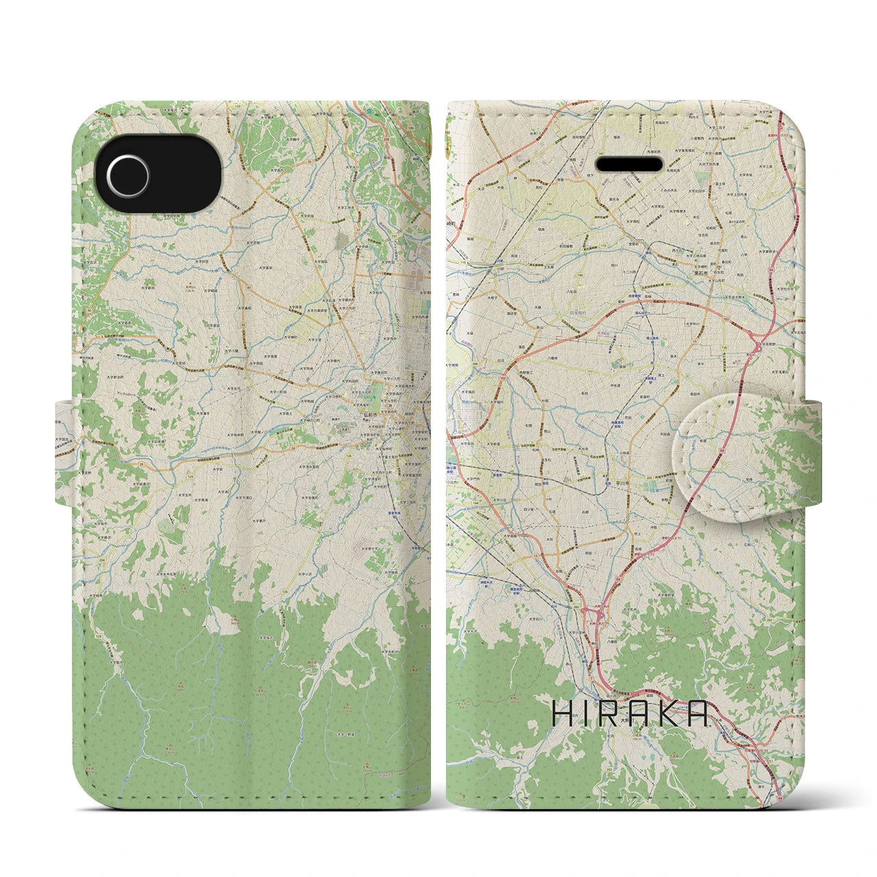 【平賀(青森県)】地図柄iPhoneケース(手帳タイプ)ナチュラル・iPhone SE(第3 / 第2世代) / 8 / 7 / 6s / 6 用