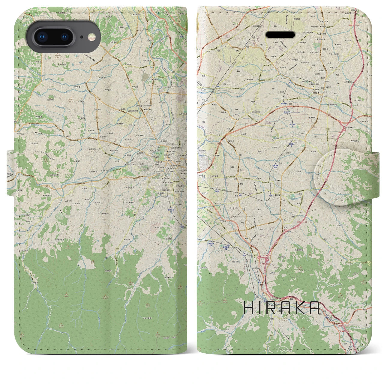 【平賀(青森県)】地図柄iPhoneケース(手帳タイプ)ナチュラル・iPhone 8Plus /7Plus / 6sPlus / 6Plus 用