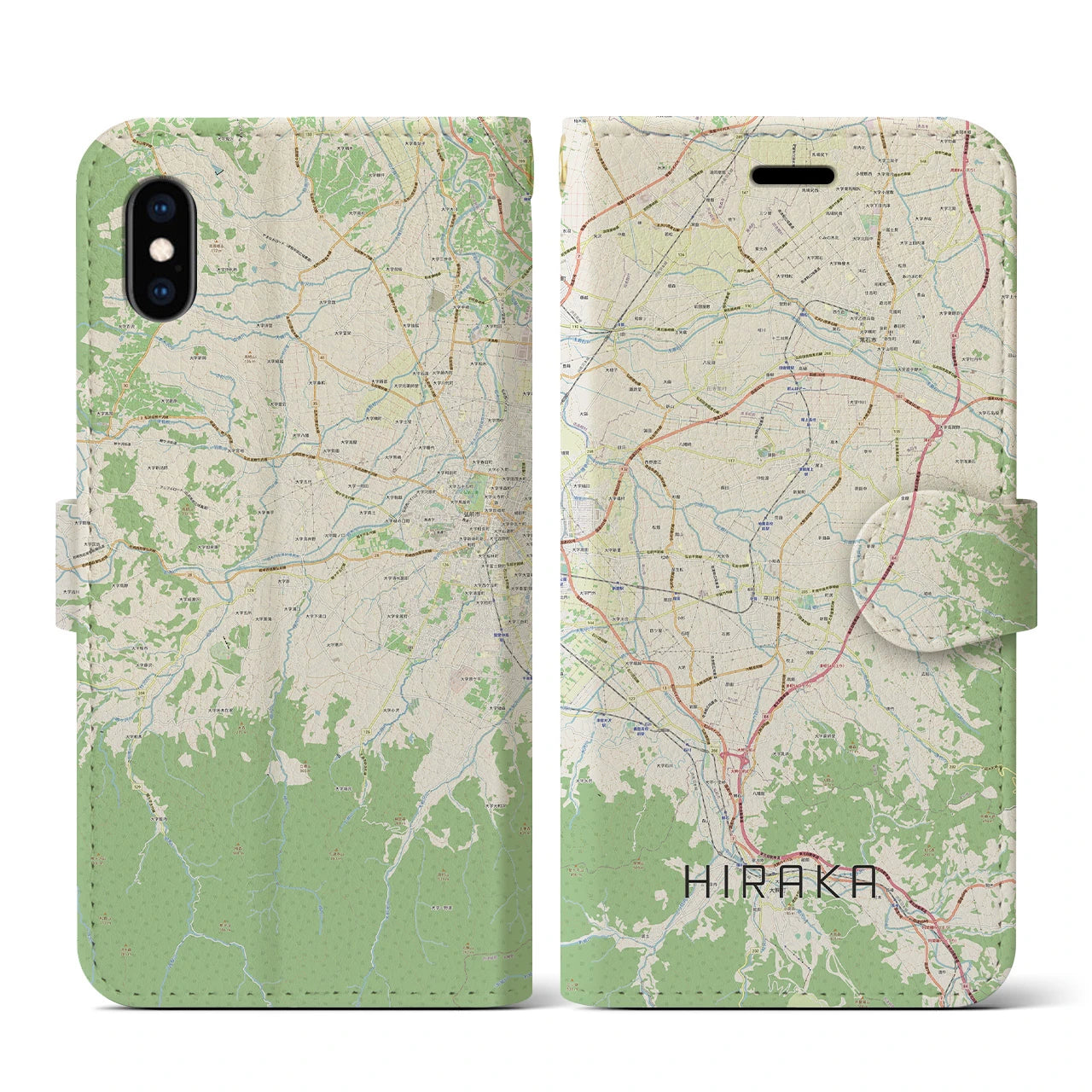 【平賀(青森県)】地図柄iPhoneケース(手帳タイプ)ナチュラル・iPhone XS / X 用