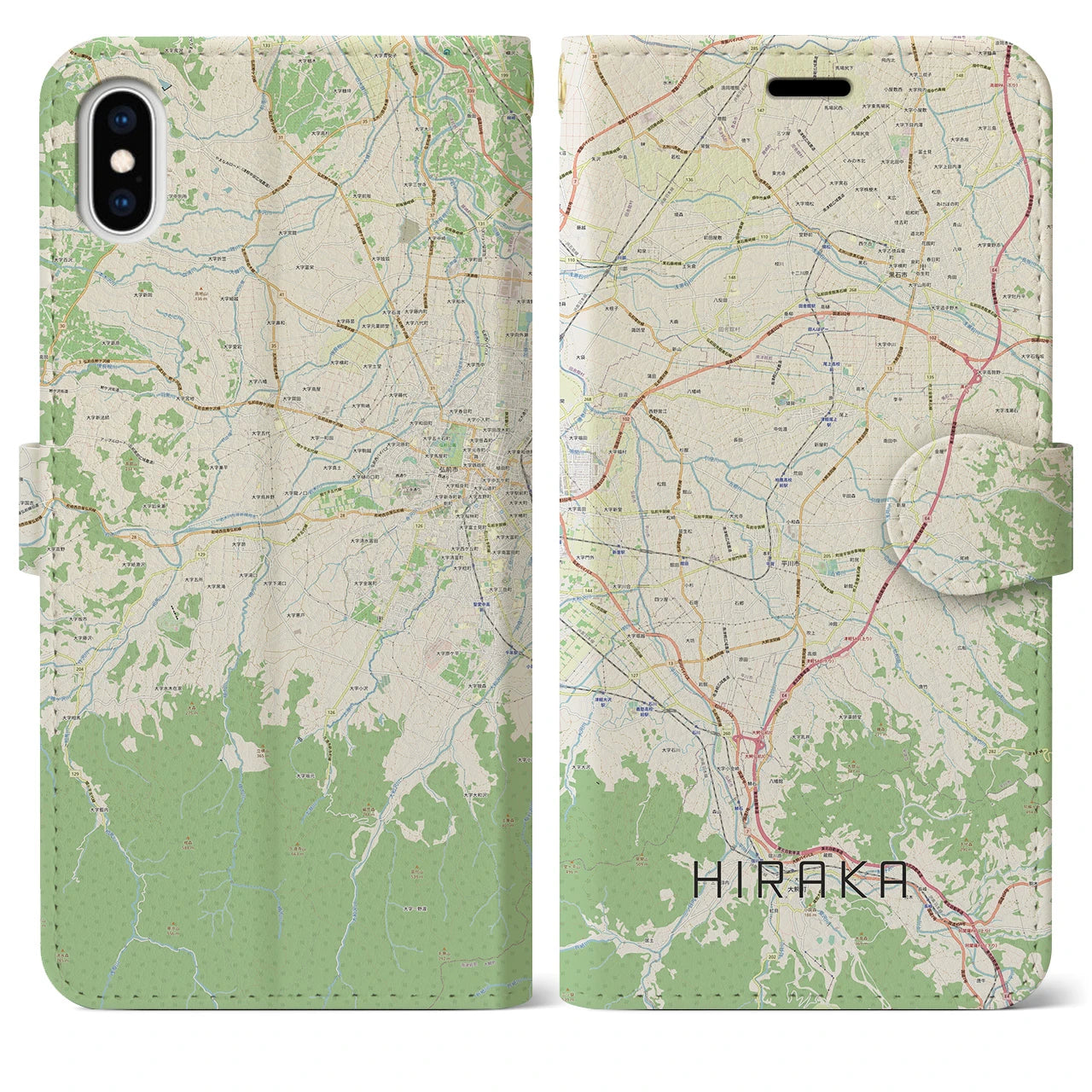 【平賀(青森県)】地図柄iPhoneケース(手帳タイプ)ナチュラル・iPhone XS Max 用