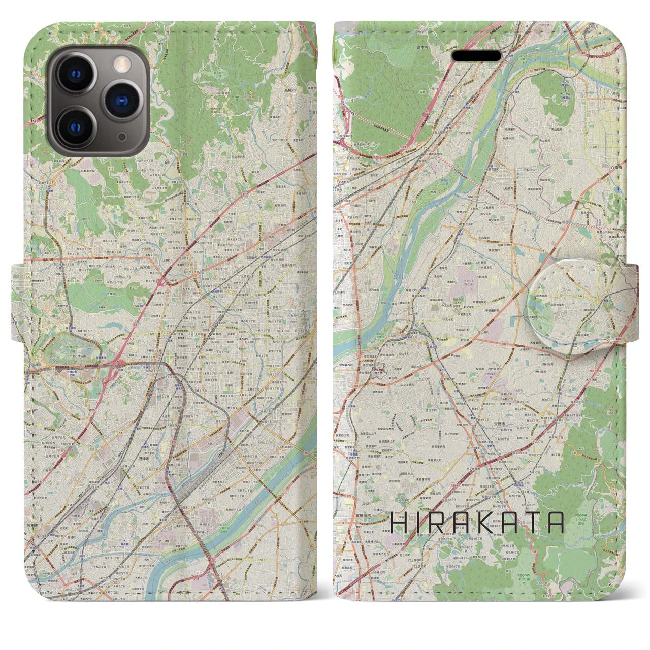 【枚方(大阪府)】地図柄iPhoneケース(手帳タイプ)ナチュラル・iPhone 11 Pro Max 用