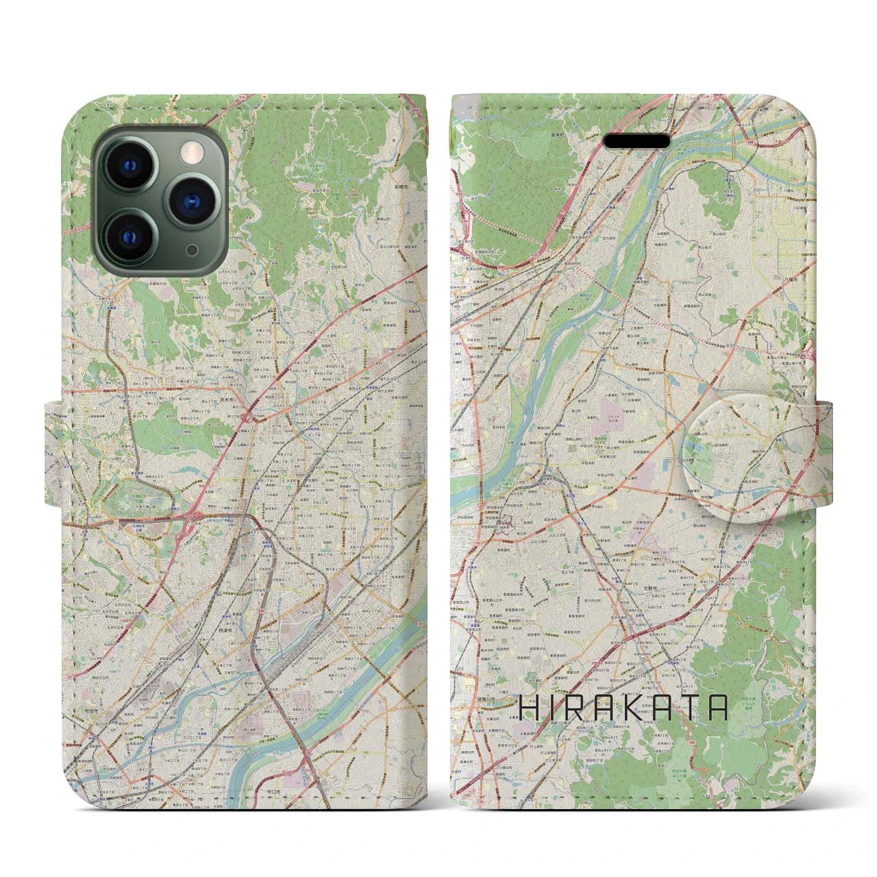 【枚方(大阪府)】地図柄iPhoneケース(手帳タイプ)ナチュラル・iPhone 11 Pro 用