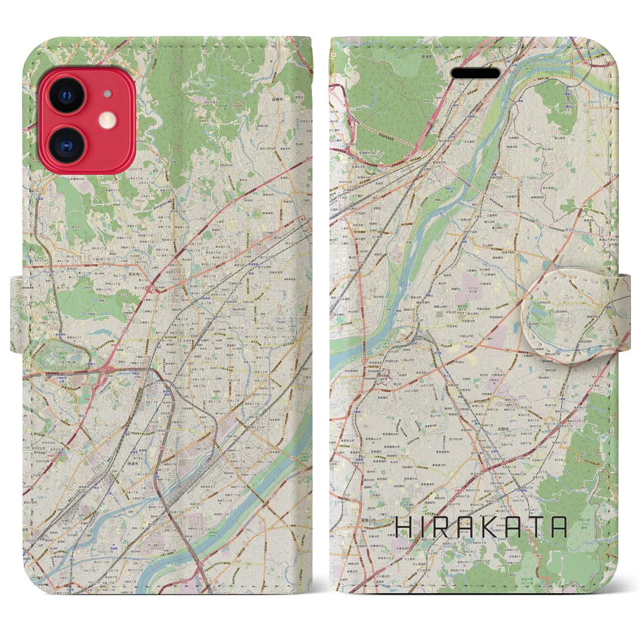 【枚方(大阪府)】地図柄iPhoneケース(手帳タイプ)ナチュラル・iPhone 11 用