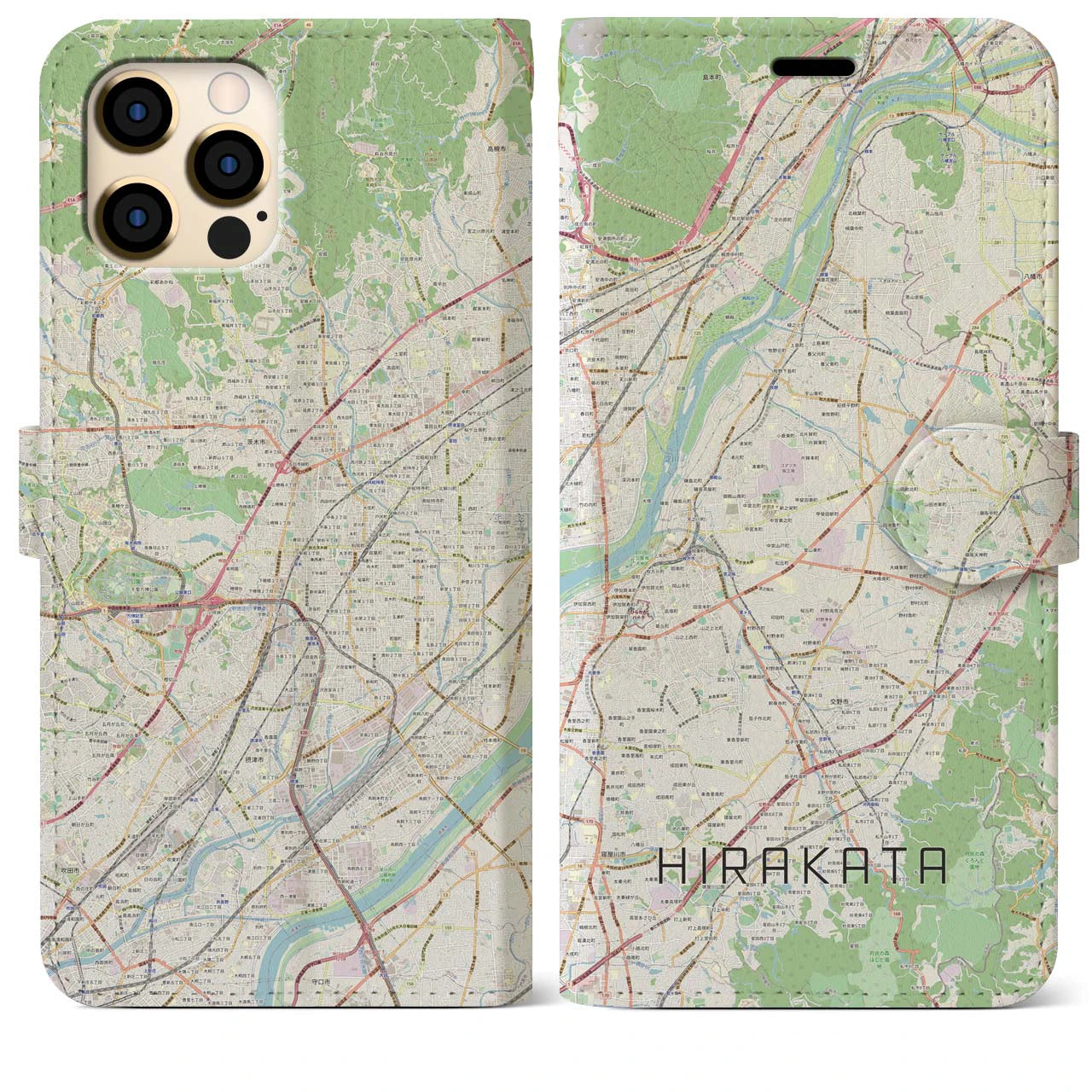 【枚方(大阪府)】地図柄iPhoneケース(手帳タイプ)ナチュラル・iPhone 12 Pro Max 用