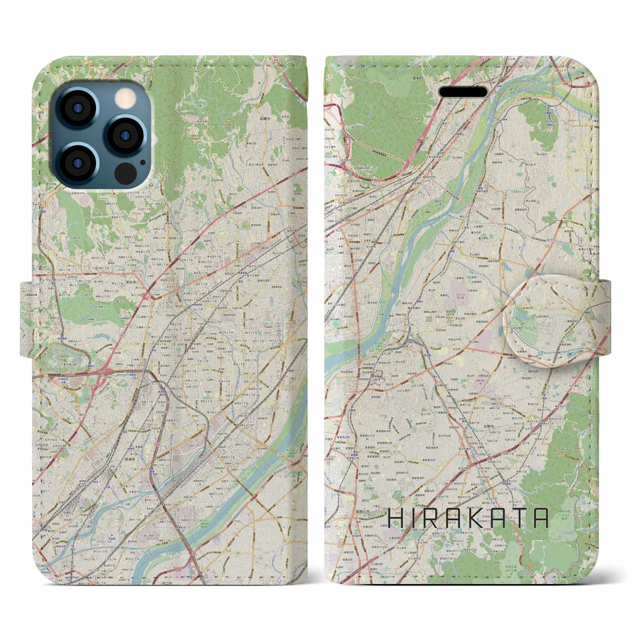 【枚方(大阪府)】地図柄iPhoneケース(手帳タイプ)ナチュラル・iPhone 12 / 12 Pro 用