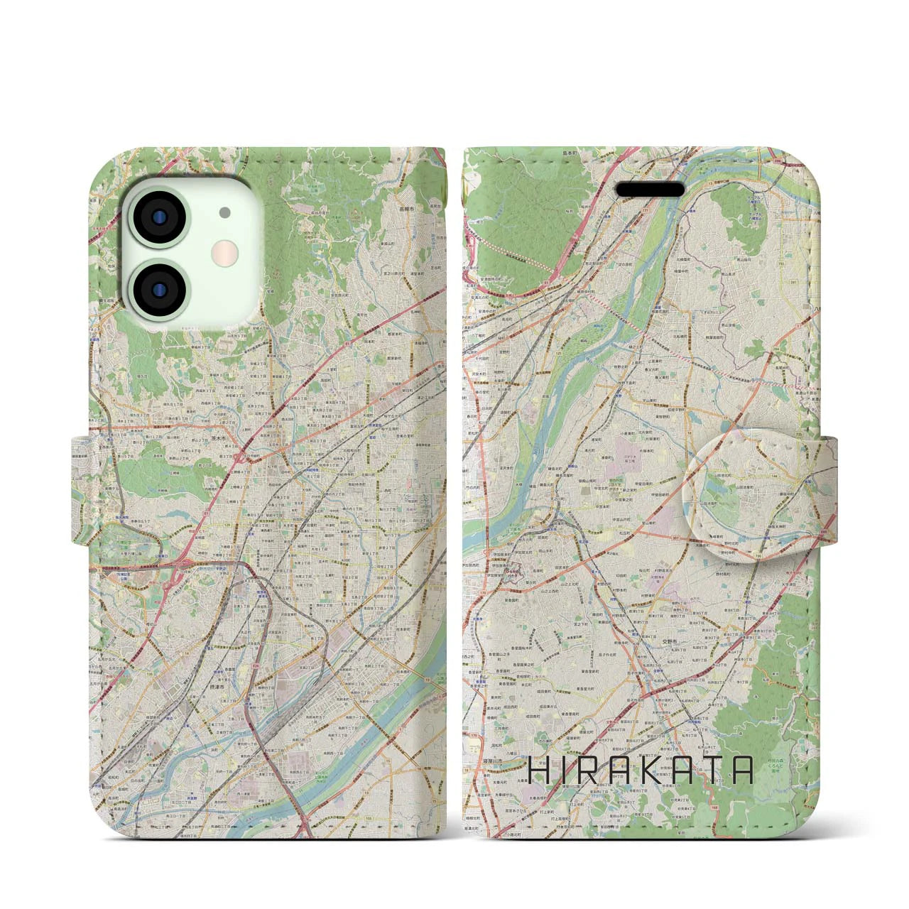 【枚方(大阪府)】地図柄iPhoneケース(手帳タイプ)ナチュラル・iPhone 12 mini 用