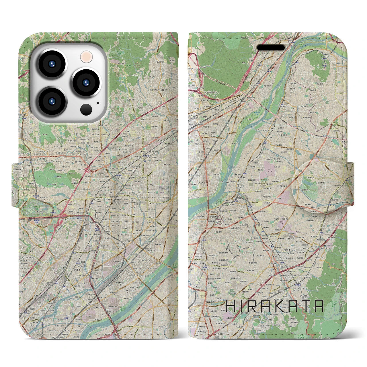 【枚方(大阪府)】地図柄iPhoneケース(手帳タイプ)ナチュラル・iPhone 13 Pro 用