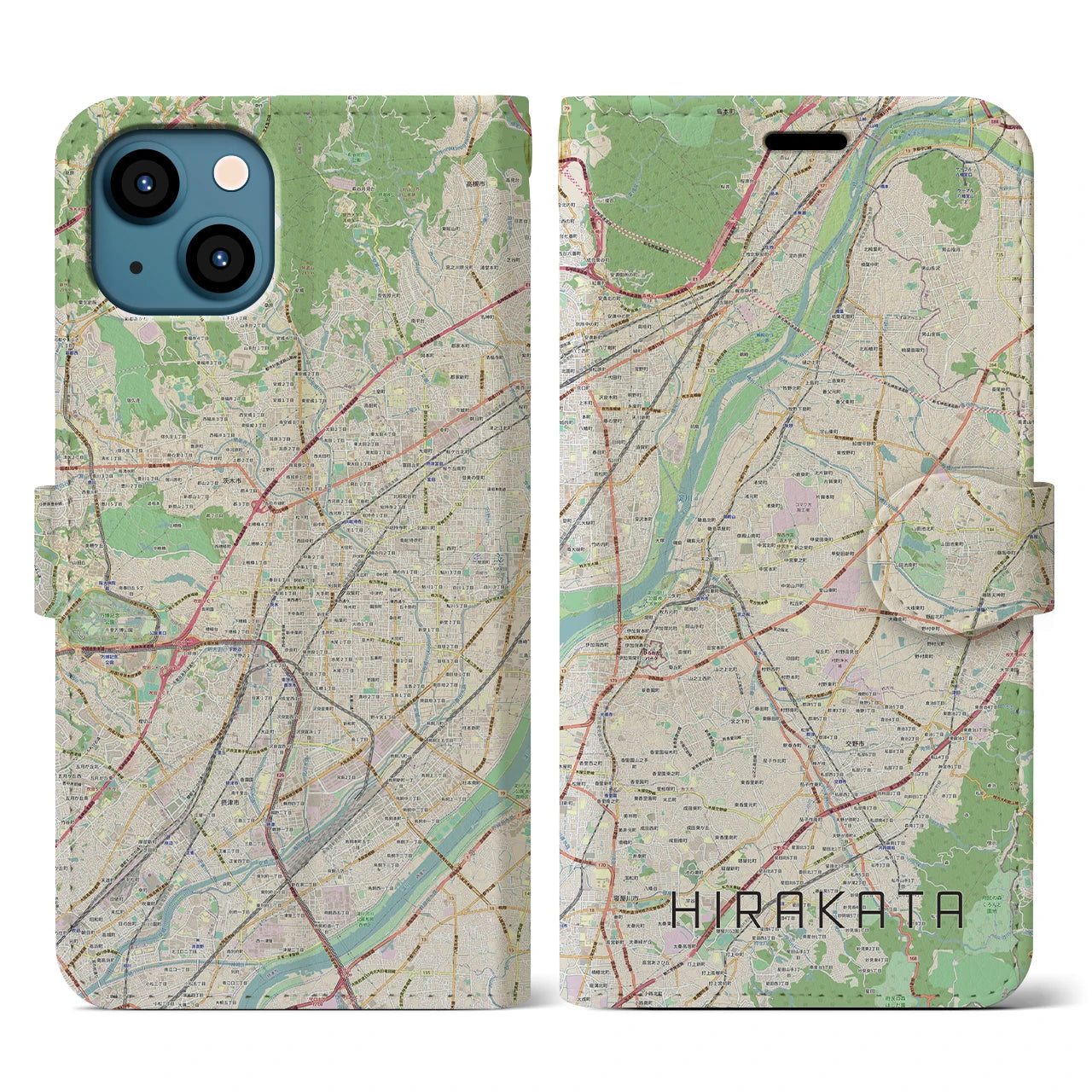 【枚方(大阪府)】地図柄iPhoneケース(手帳タイプ)ナチュラル・iPhone 13 用