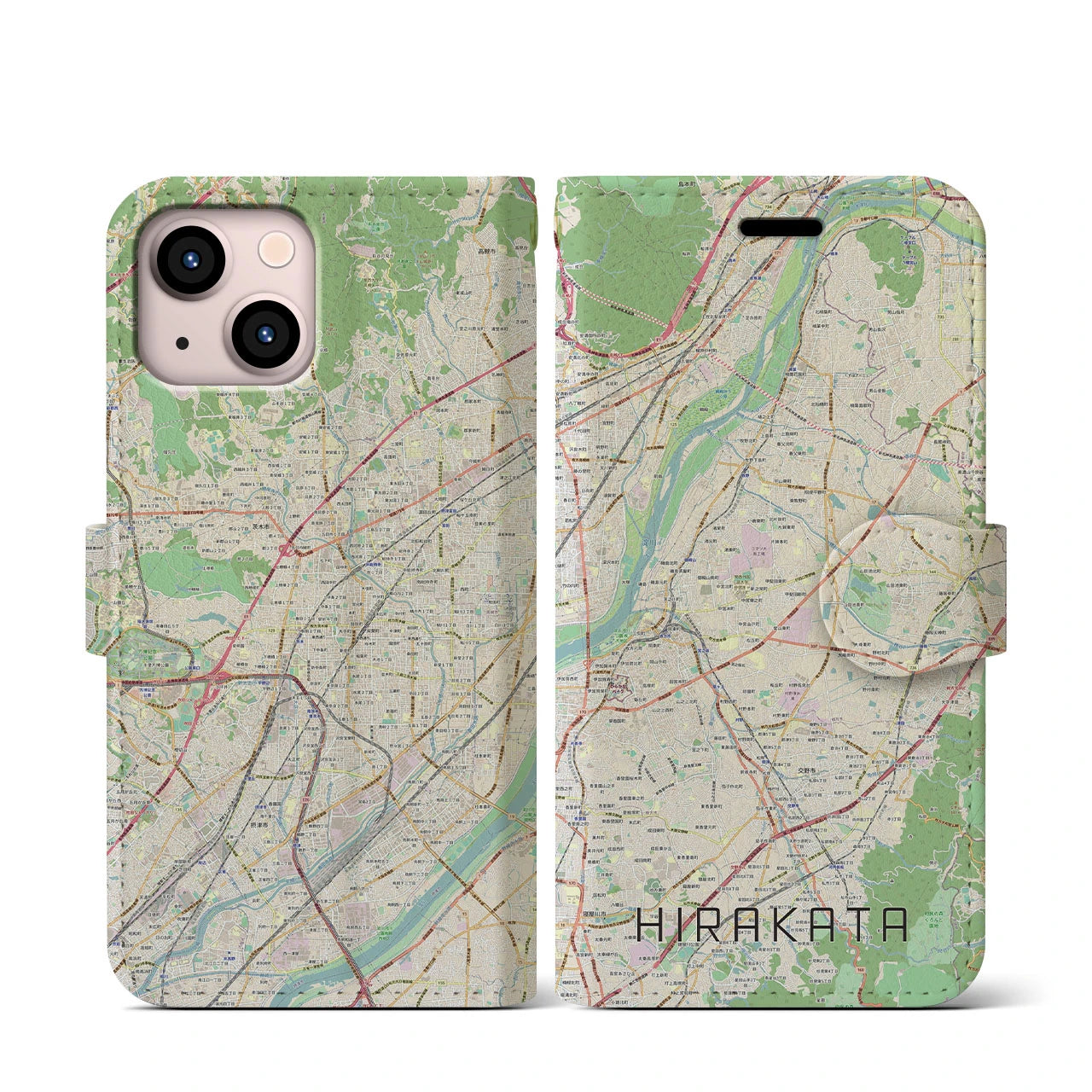【枚方(大阪府)】地図柄iPhoneケース(手帳タイプ)ナチュラル・iPhone 13 mini 用