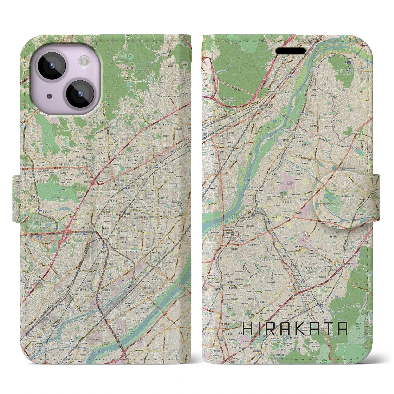 【枚方(大阪府)】地図柄iPhoneケース(手帳タイプ)ナチュラル・iPhone 14 用