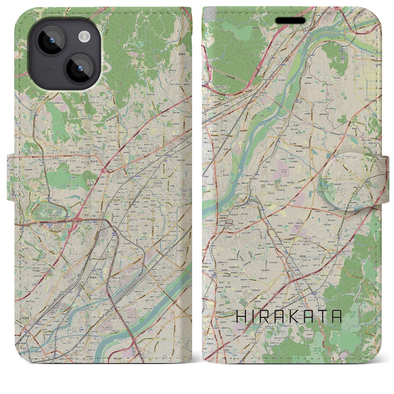 【枚方(大阪府)】地図柄iPhoneケース(手帳タイプ)ナチュラル・iPhone 14 Plus 用