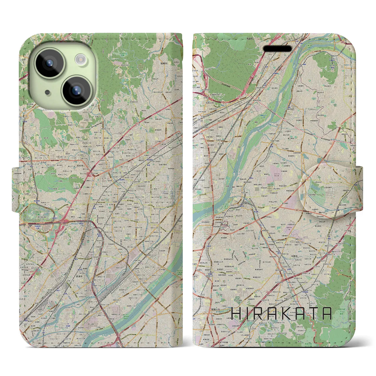 【枚方(大阪府)】地図柄iPhoneケース(手帳タイプ)ナチュラル・iPhone 15 用