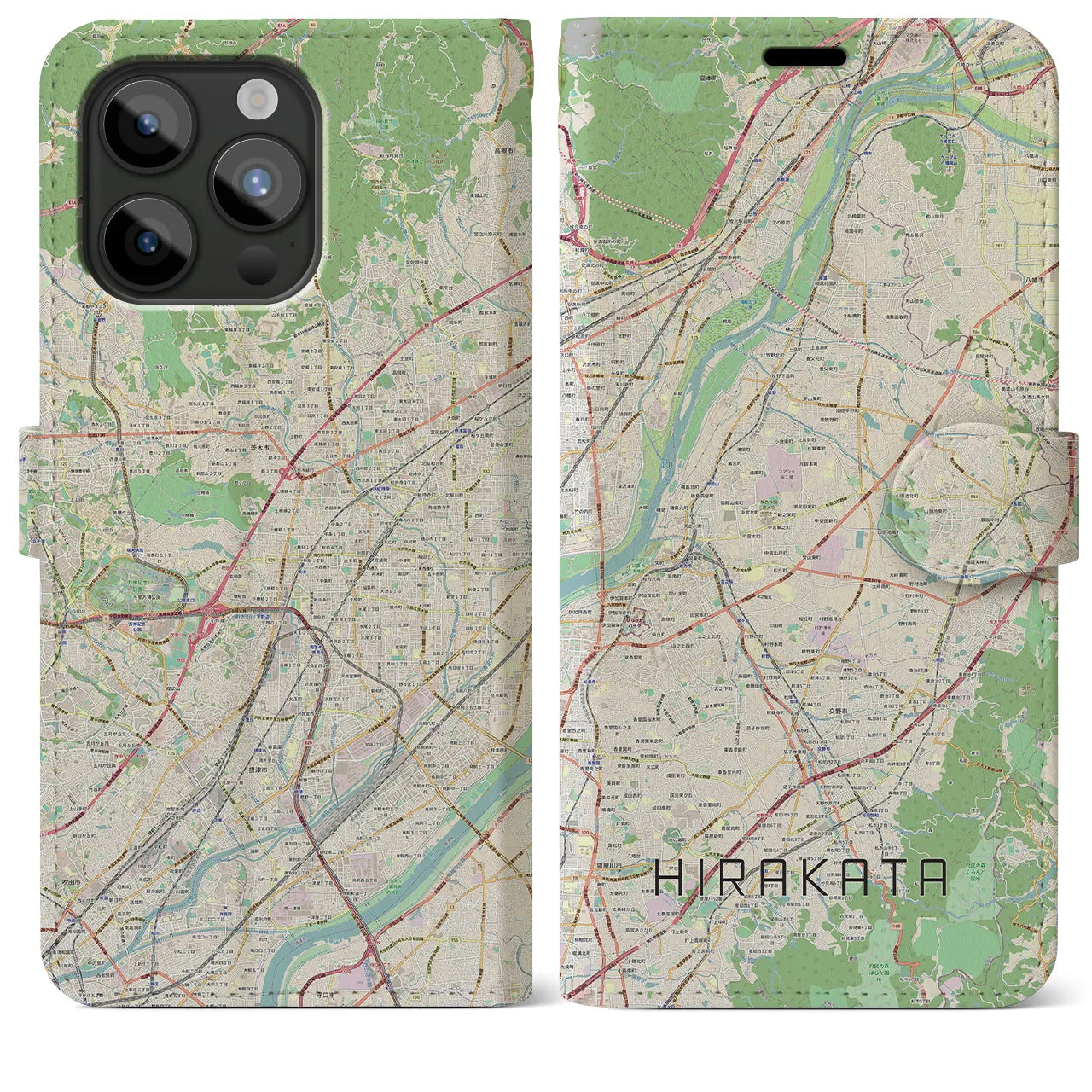【枚方(大阪府)】地図柄iPhoneケース(手帳タイプ)ナチュラル・iPhone 15 Pro Max 用