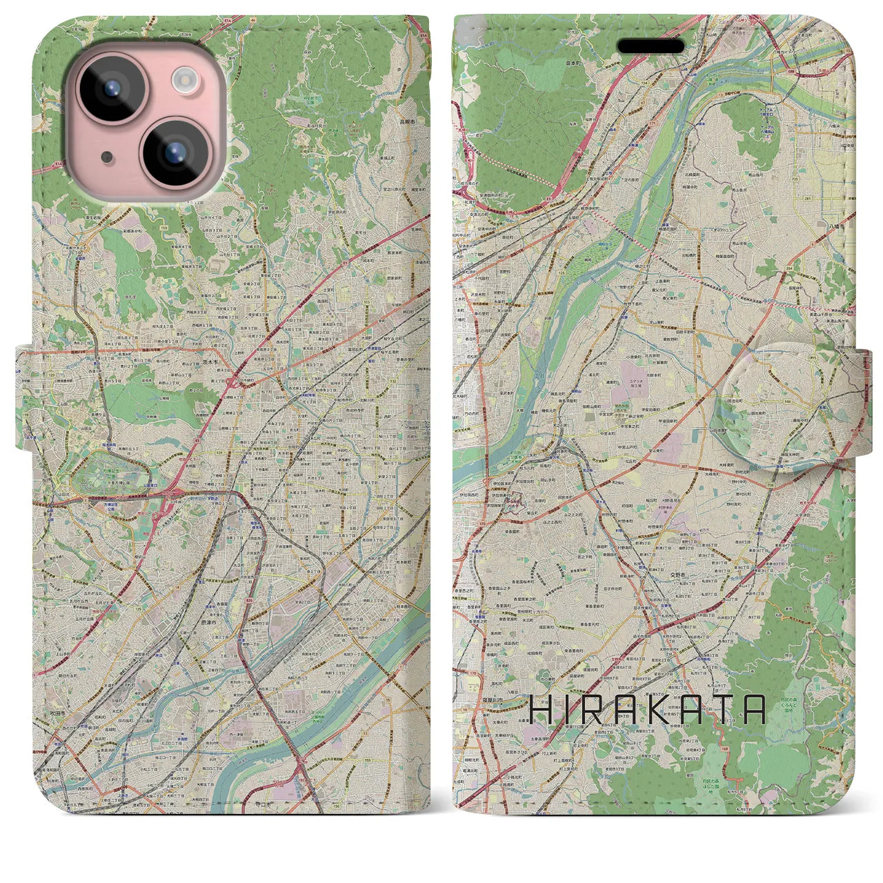 【枚方(大阪府)】地図柄iPhoneケース(手帳タイプ)ナチュラル・iPhone 15 Plus 用