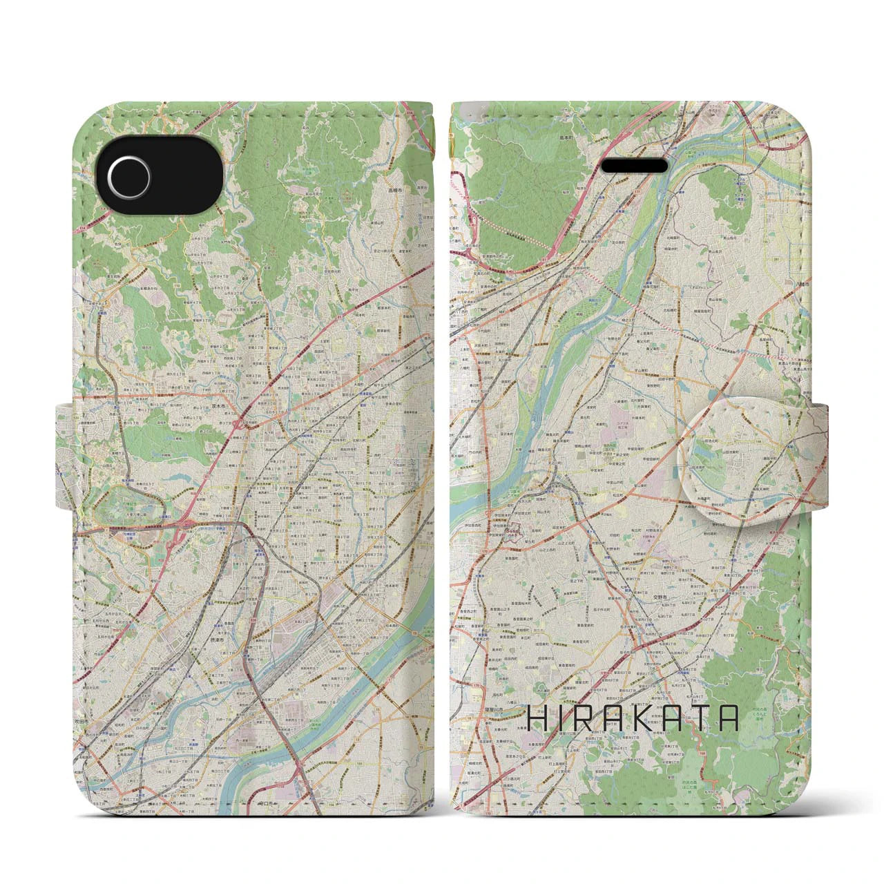 【枚方(大阪府)】地図柄iPhoneケース(手帳タイプ)ナチュラル・iPhone SE(第3 / 第2世代) / 8 / 7 / 6s / 6 用