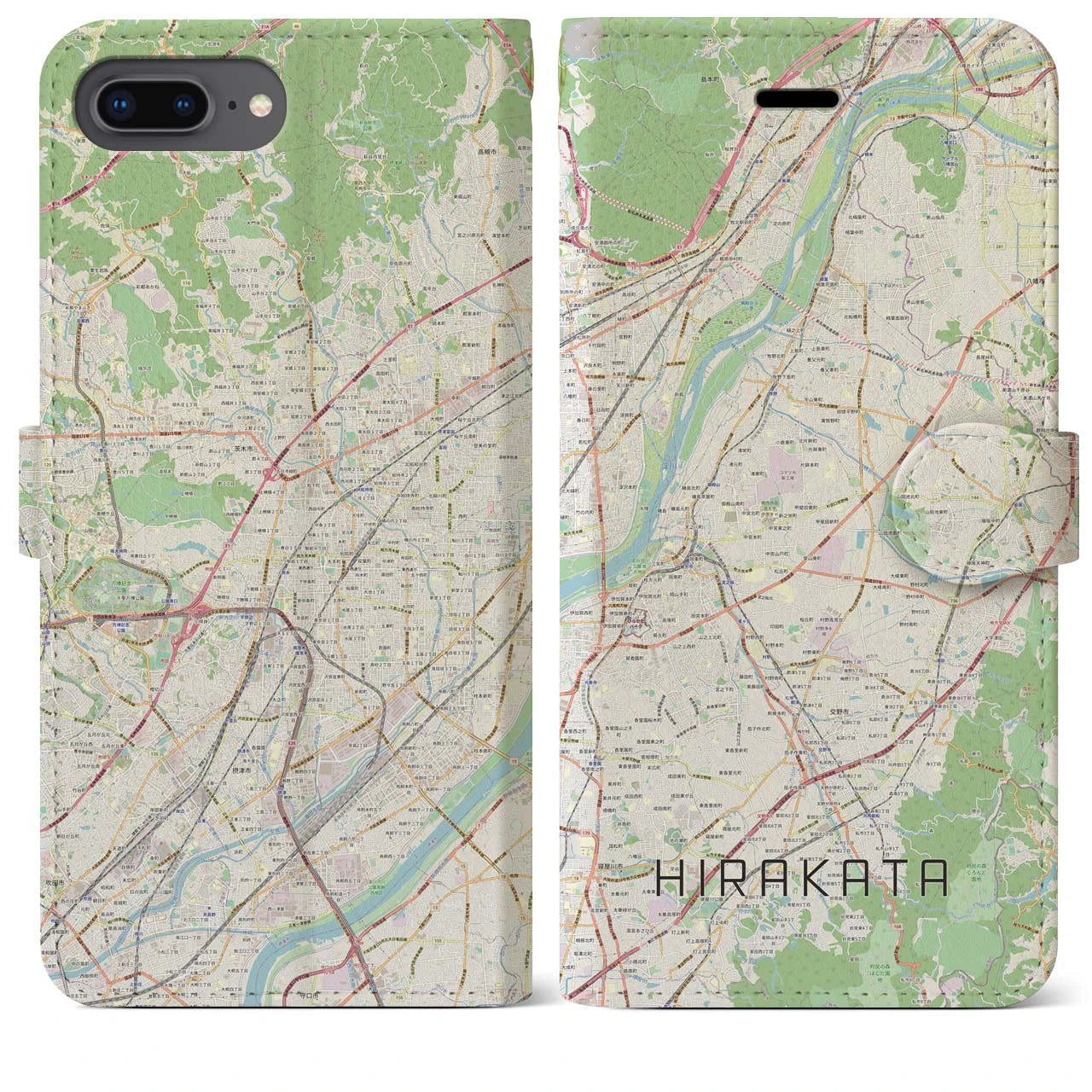 【枚方(大阪府)】地図柄iPhoneケース(手帳タイプ)ナチュラル・iPhone 8Plus /7Plus / 6sPlus / 6Plus 用