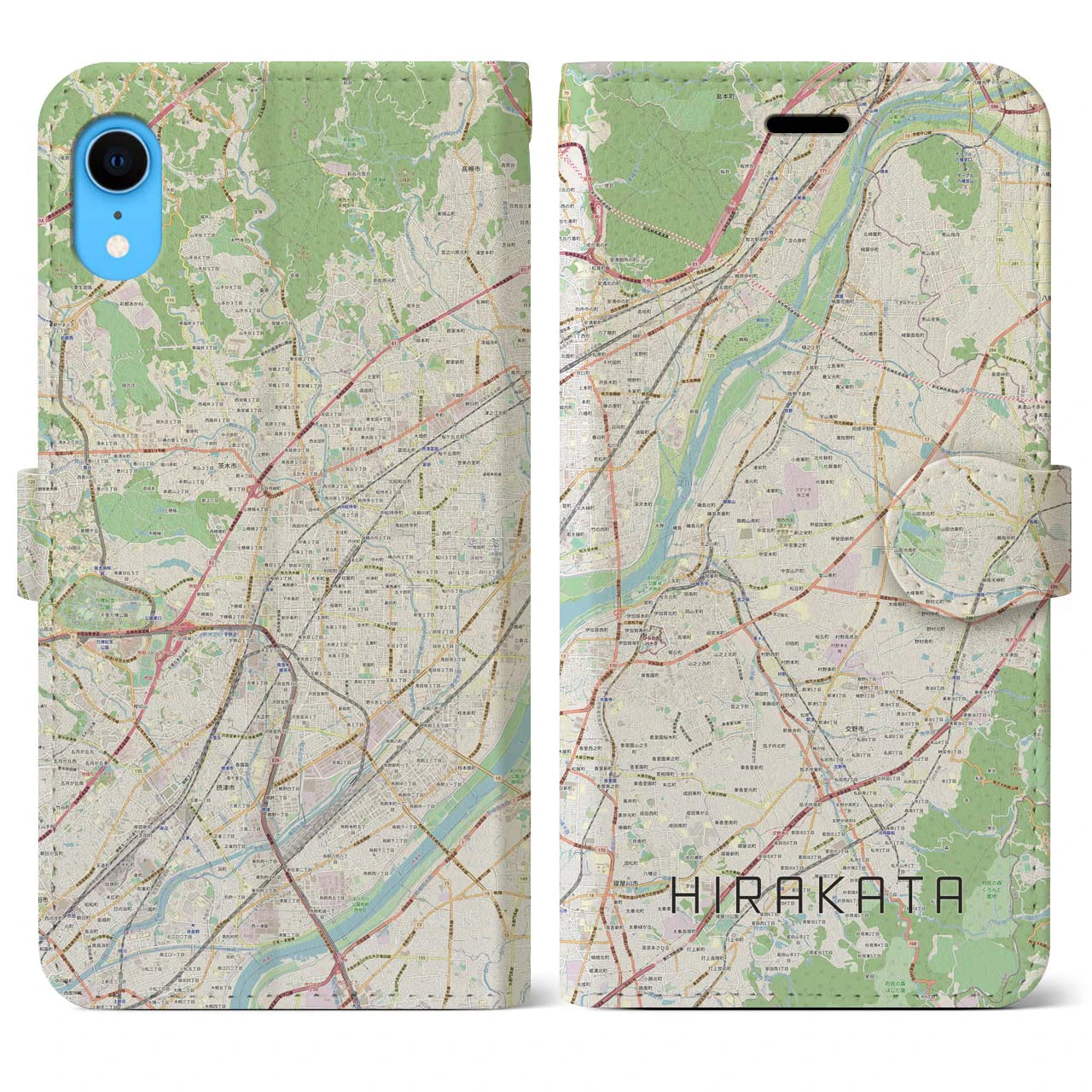 【枚方(大阪府)】地図柄iPhoneケース(手帳タイプ)ナチュラル・iPhone XR 用