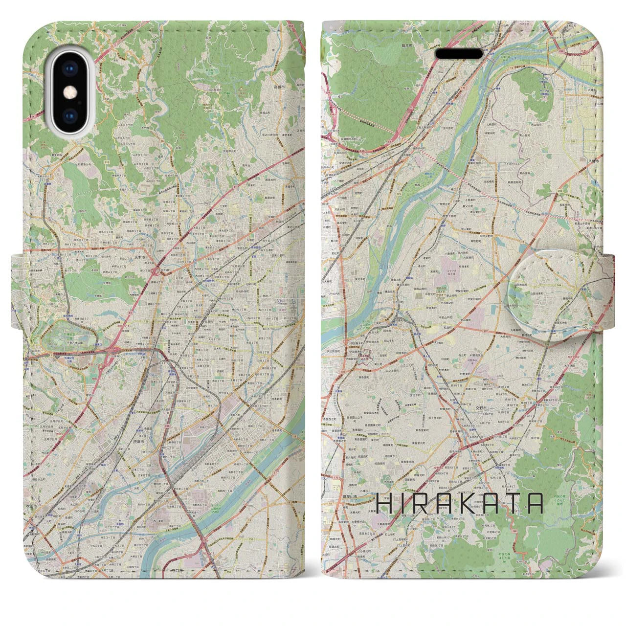 【枚方(大阪府)】地図柄iPhoneケース(手帳タイプ)ナチュラル・iPhone XS Max 用