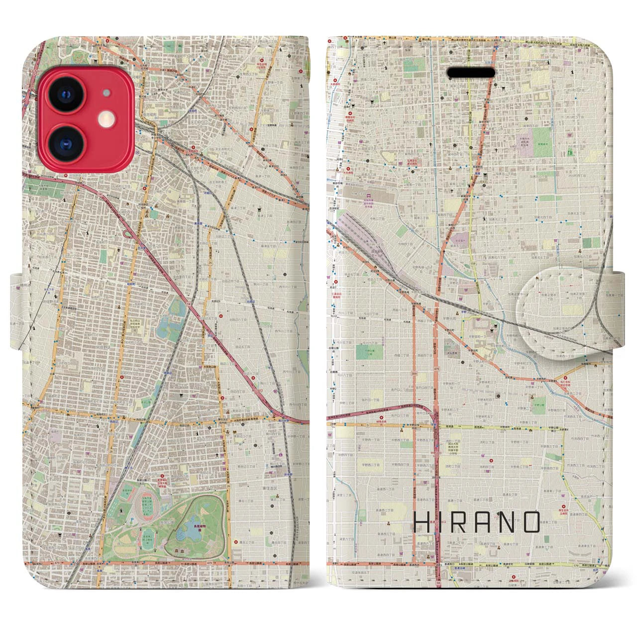 【平野(大阪府)】地図柄iPhoneケース(手帳タイプ)ナチュラル・iPhone 11 用