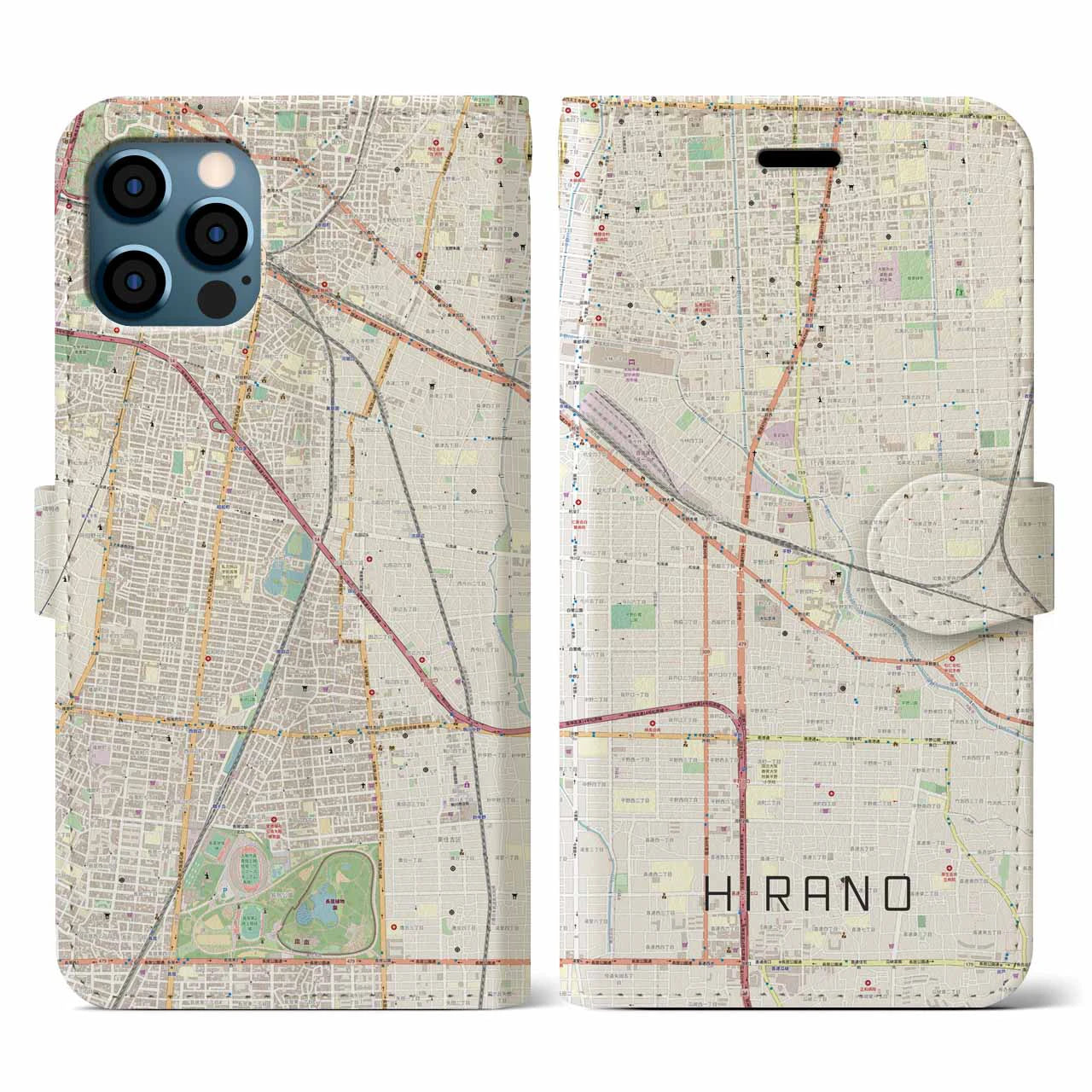 【平野(大阪府)】地図柄iPhoneケース(手帳タイプ)ナチュラル・iPhone 12 / 12 Pro 用