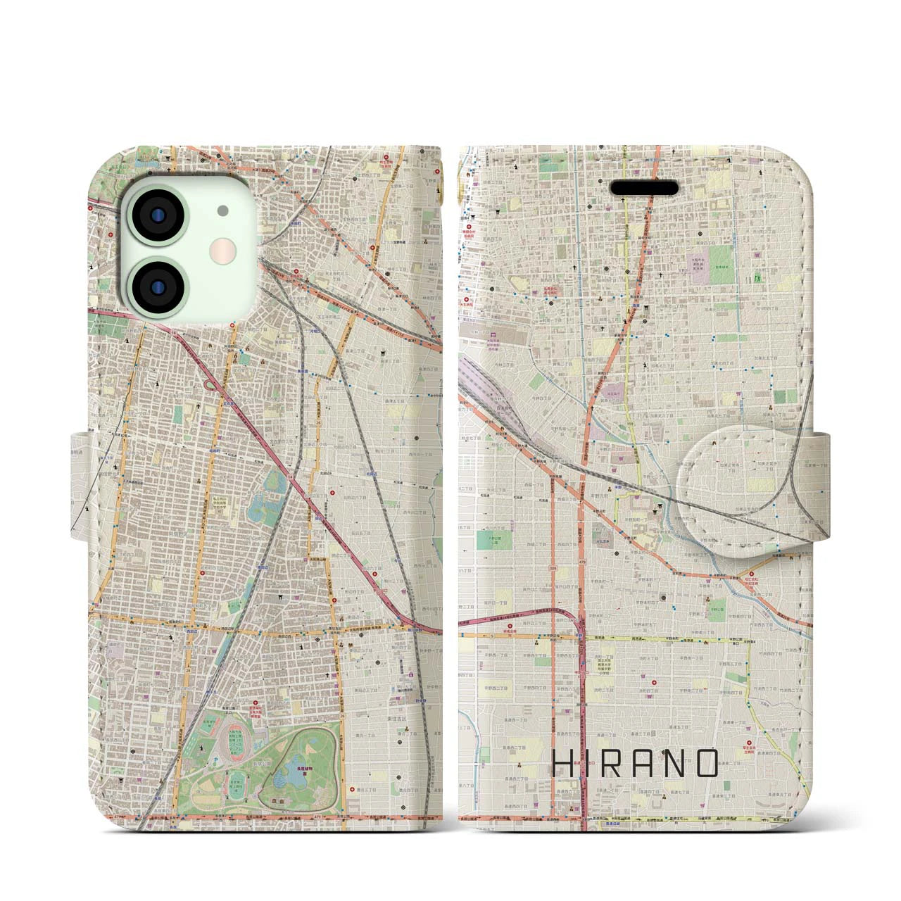 【平野(大阪府)】地図柄iPhoneケース(手帳タイプ)ナチュラル・iPhone 12 mini 用