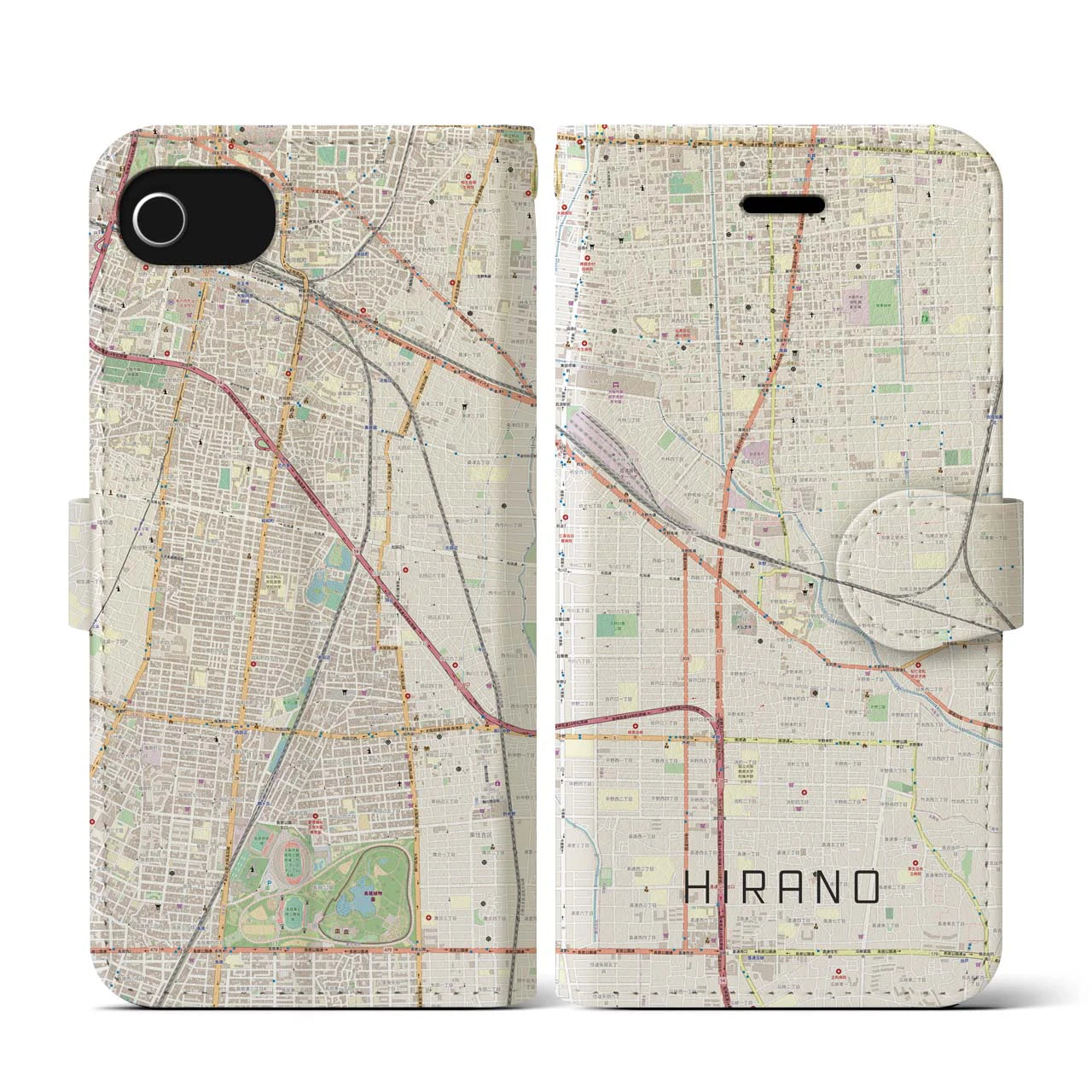 【平野(大阪府)】地図柄iPhoneケース(手帳タイプ)ナチュラル・iPhone SE(第3 / 第2世代) / 8 / 7 / 6s / 6 用