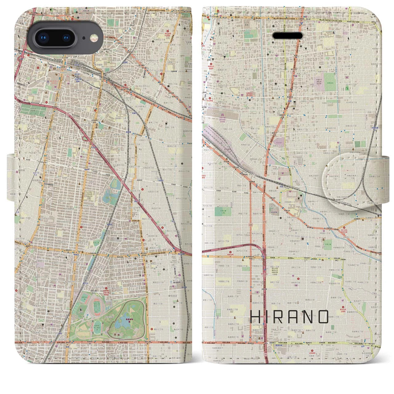 【平野(大阪府)】地図柄iPhoneケース(手帳タイプ)ナチュラル・iPhone 8Plus /7Plus / 6sPlus / 6Plus 用