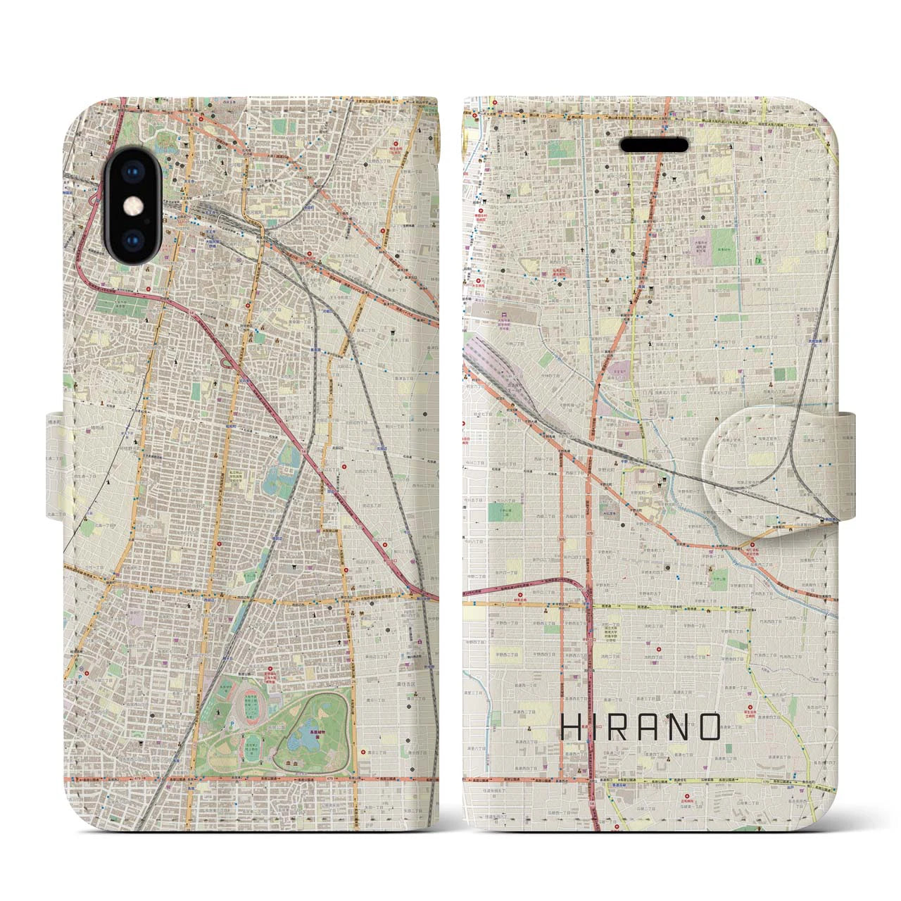 【平野(大阪府)】地図柄iPhoneケース(手帳タイプ)ナチュラル・iPhone XS / X 用