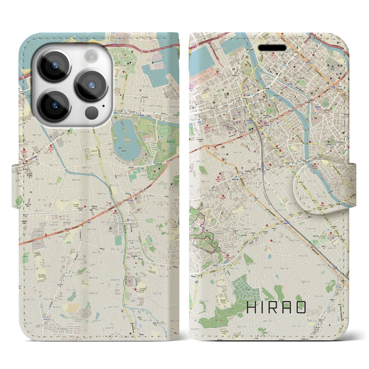 【平尾(福岡県)】地図柄iPhoneケース(手帳タイプ)ナチュラル・iPhone 14 Pro 用