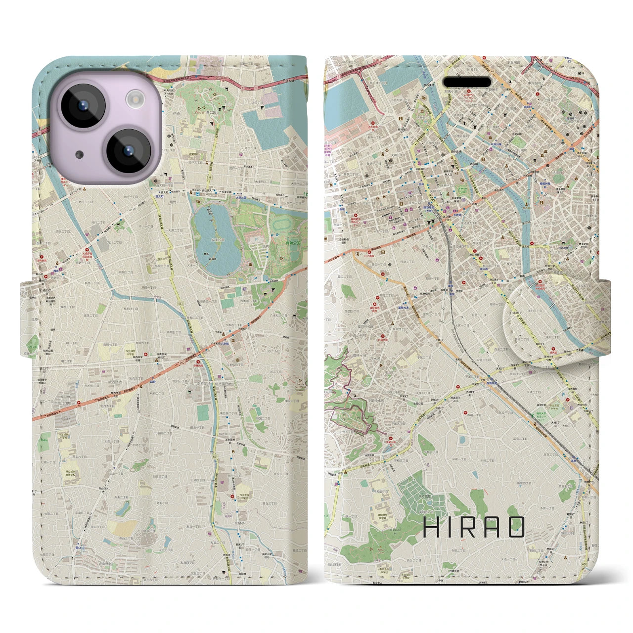 【平尾(福岡県)】地図柄iPhoneケース(手帳タイプ)ナチュラル・iPhone 14 用