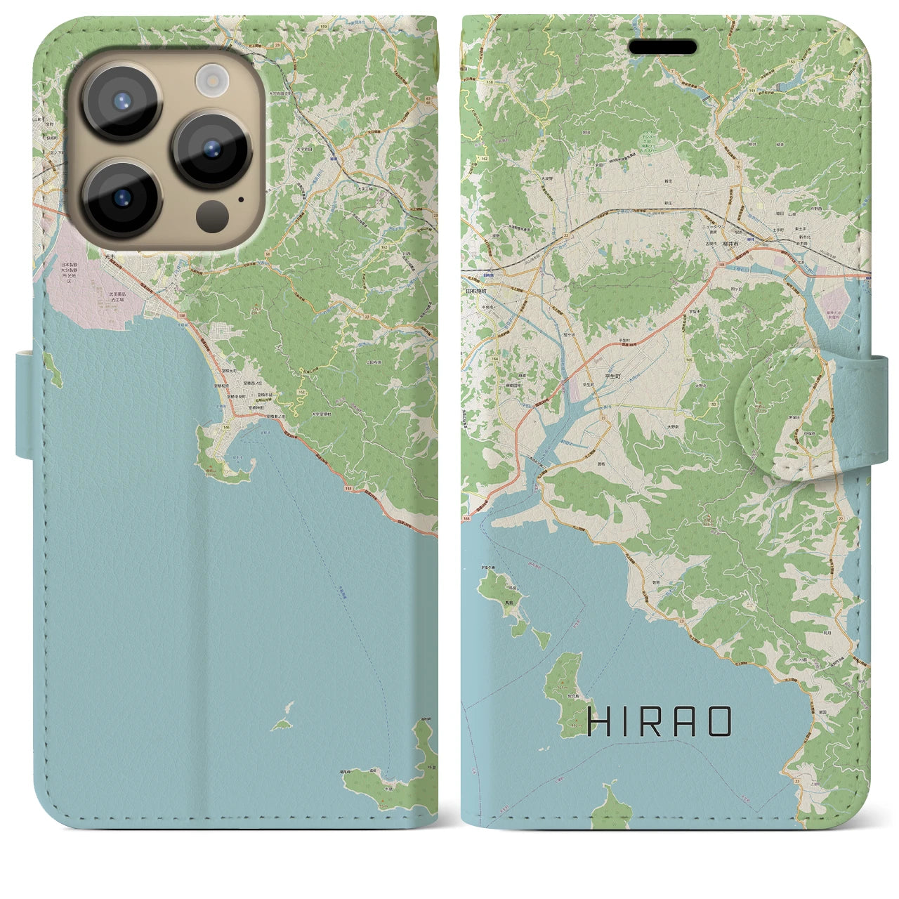 【平生(山口県)】地図柄iPhoneケース(手帳タイプ)ナチュラル・iPhone 14 Pro Max 用