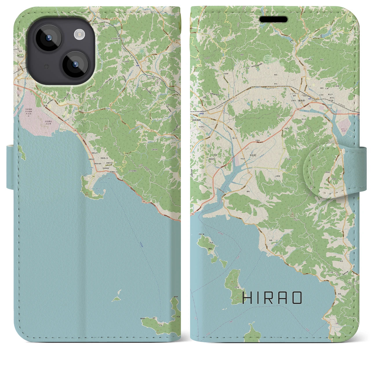 【平生(山口県)】地図柄iPhoneケース(手帳タイプ)ナチュラル・iPhone 14 Plus 用